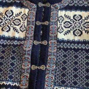 Dale of Norway Wool Cardigan Pewter Clasps Blue and White Size medium mint